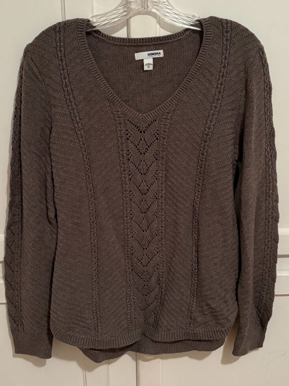 Med Sonoma Brown Taupe Cable Knit V-Neck Sweater